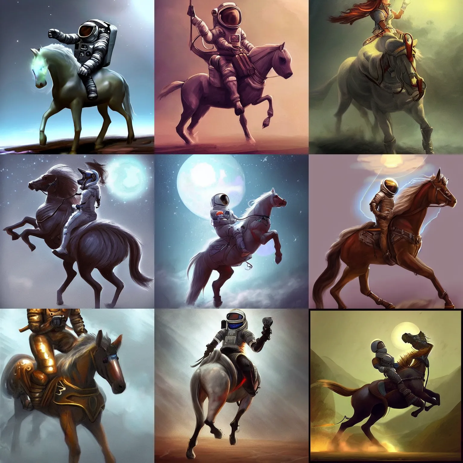 Prompt: fantasy concept art of an astronaut riding a horse, rim lighting, trending on pintrest