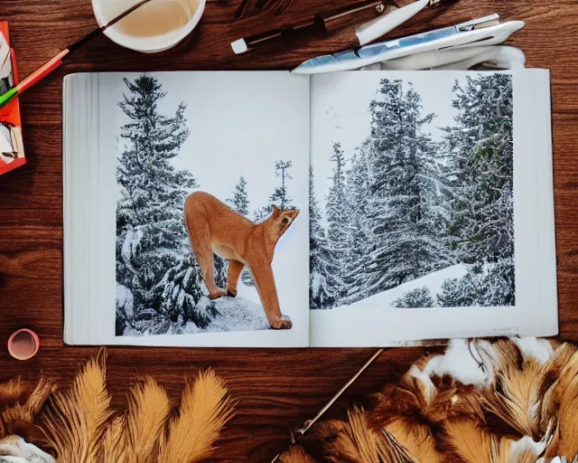 Image similar to colouring book showing 'a cougar sleeping in the middle of snowy pine tree' laying on coffee table, zoomed out shot, HD, iphone capture