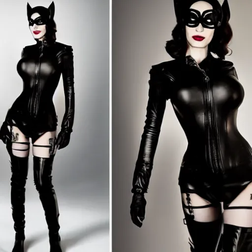 Image similar to Fully-clothed full-body portrait of Christina Hendricks as catwoman with eyes covered, leather thigh-high boots, professional, 8K