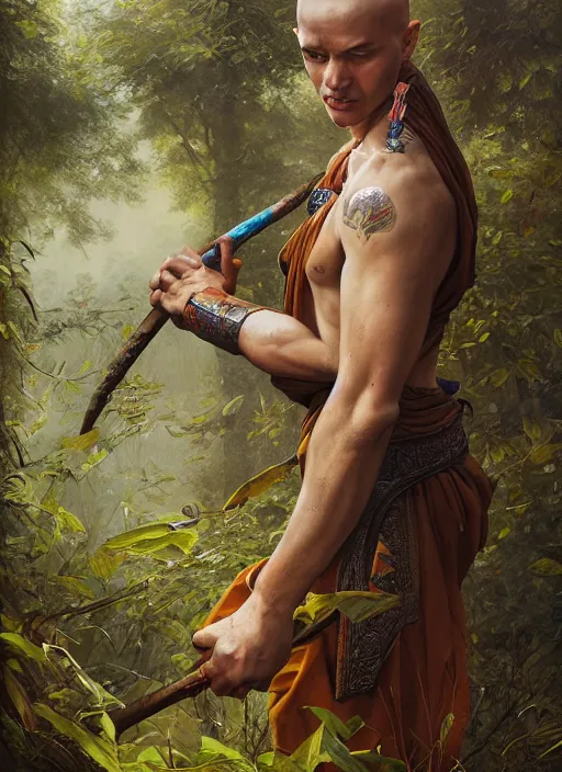 Image similar to a portrait painting of a male monk fighter wearing leather armor on a beautiful lush forest meadow, morning, art by Tristan Eaton, Stanley Artgerm, Tom Bagshaw, Greg Rutkowski, Carne Griffiths