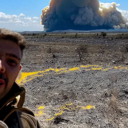 Image similar to a selfie of a ukrainian on the background of a nuclear explosion in yellow - blue rags shoots himself in the head to die a less painful death