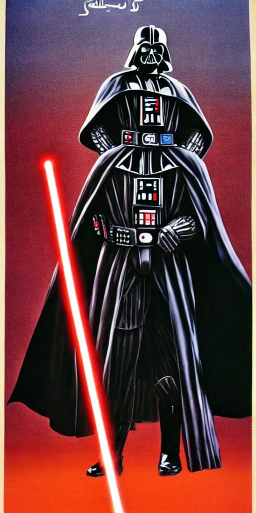 Image similar to darth vader in a 1 9 7 0 s iranian propaganda poster talking about the spanish inquisition.