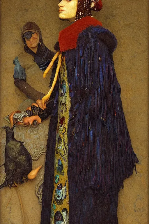 Image similar to portrait of an anthropomorphic black crow wearing clothes, by Donato Giancola and John Bauer and Vermeer, embroidered velvet waistcoat, iridescent beetles, rich color, featured on Artstation, cgisociety, unreal engine, extremely detailed