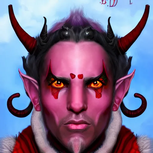Prompt: detailed, symmetrical, close - up, airbrush art portrait of a male level 1 tiefling d & d bard | he has purple skin and red horns | background is black and red