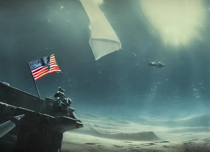 Image similar to astronaut holding a flag in an underwater desert. a submarine is visible in the distance. dark, concept art, cinematic, dramatic, atmospheric, 8 k, trending on artstation, blue, fish, low visibility, fog, ocean floor, christopher nolan, interstellar