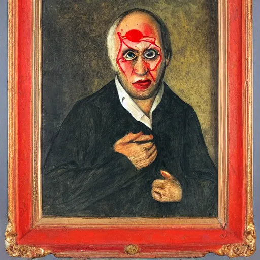 Image similar to portrait of alexander abdulov, with a red eyes, satanic body, head of old man, hands with blood of sinners