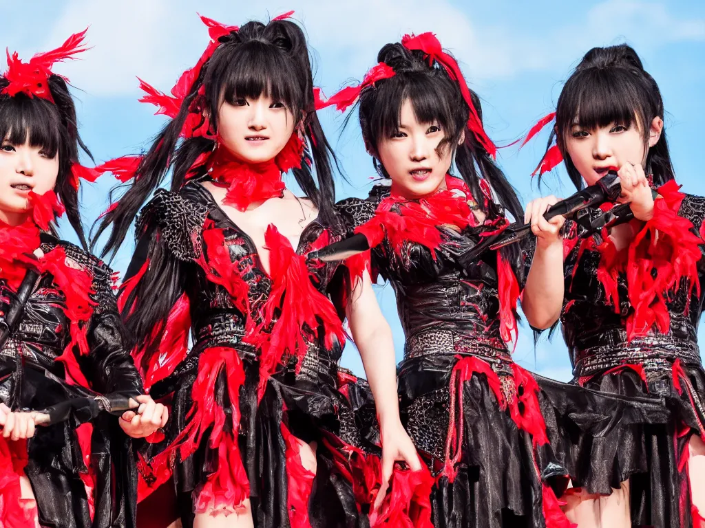 Image similar to babymetal 3 members performing on a tropical beach beautiful, scenery, high detail face, High Definition detail, 8K, photography