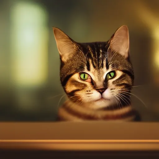 Image similar to lil bub the cat, splash art, movie still, cinematic lighting, dramatic, octane render, long lens, shallow depth of field, bokeh, anamorphic lens flare, 8k, hyper detailed, 35mm film grain