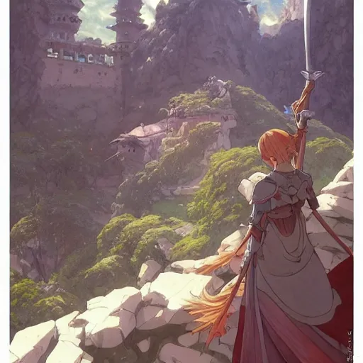 Prompt: the knight and the sword of rose petal, anime, castle core, mountains, rocky roads. by hayao miyazaki and rossdraws and artgerm and greg rutkowski and alphonse mucha and studio ghibli and ilya kuvshinov. high quality, stunning, intricate detailed environment. 8 k