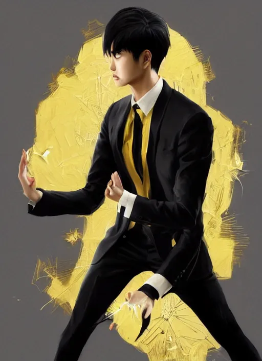 Prompt: a highly detailed illustration of young attractive black haired asian guy wearing black suit and tie with coattails, yellow eyes, dramatic elegant pose, strings background, intricate, elegant, highly detailed, centered, digital painting, artstation, concept art, smooth, sharp focus, league of legends concept art, wlop.