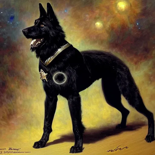 Image similar to a portrait of a black german shepard dogman canine star trek officer. highly detailed painting by gaston bussiere, craig mullins, j. c. leyendecker, furry