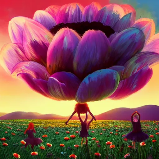 Image similar to giant daisy flower as head, girl ballet dancing in a flower field, surreal photography, sunrise, dramatic light, impressionist painting, colorful clouds, digital painting, artstation, simon stalenhag