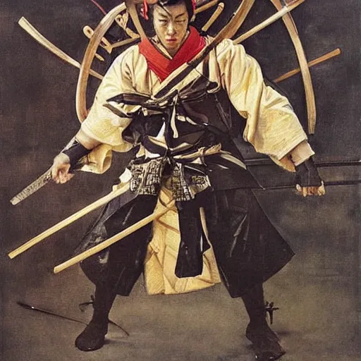 Prompt: samurai in prey picture by j. c. leyendecker and peter paul rubens, asymmetrical, dark vibes, realistic painting, organic painting, matte painting, geometric shapes, hard edges, graffiti, street art : 2 by j. c. leyendecker and peter paul rubens : 4