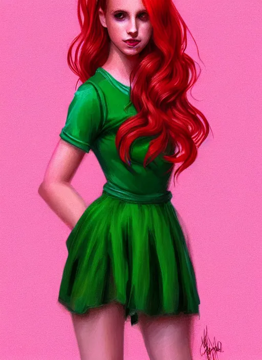 Image similar to full body portrait of teenage cheryl blossom, bangs, green eyes, sultry expression, red hair, sultry smirk, bangs and wavy hair, pink skirt, bangs, intricate, elegant, glowing lights, highly detailed, digital painting, artstation, concept art, smooth, sharp focus, illustration, art by wlop, mars ravelo and greg rutkowski