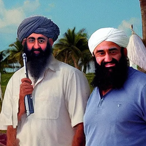 Image similar to ultra realistic candid photograph from osama bin laden with joe biden in bahamas, details intricate