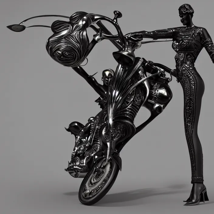 Image similar to fine art statue of black egyptian man on a surrealist motorbike, ebony art deco, carved black marble, inlaid with ebony and gold accents, ebony rococo, wings black lace wear, spider zero, zaha hadid, beautifully lit, hyper detailed, octane render, intricate, elite, ornate, photorealistic, micro details, 3 d sculpture, ray trace