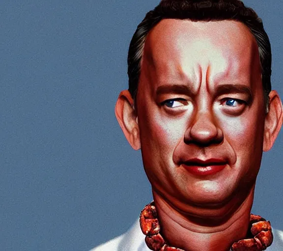 Image similar to Tom hanks as forrest gump wearing a necklace made out of shrimps around the neck, realistic face, digital art, in the style of Raphael Lacoste, amazing detail, artstation