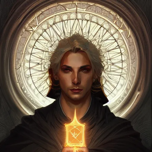 Image similar to attractive male deity, casting dark magic, summoning handsome lucifer morningstar, fantasy, intricate, elegant, highly detailed, digital painting, artstation, concept art, matte, sharp focus, illustration, art by artgerm and greg rutkowski and alphonse mucha