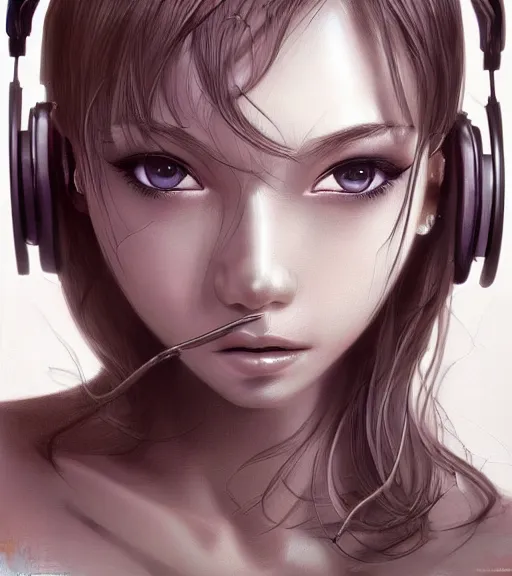 Image similar to a cute beautiful girl deep dark technoir portrait using earphones in detailed anime painting drawing style 3d unreal trending on artstation deviantart realistic hd by frank Miller sorayama giger