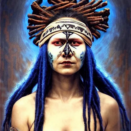 Image similar to A young blindfolded shaman woman with a decorated headband, in the style of heilung, blue hair dreadlocks and wood on her head., made by karol bak