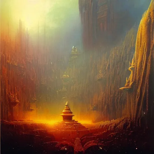 Prompt: A gigantic colossal epic dramatic scene from Ramayan , by Bruce Pennington, by Wayne Barlowe, by Greg Rutkowski, oil on canvas, masterpiece, detailed, dynamic, cinematic composition, beautiful lighting, view from ground, trending on artstation, top on pixiv, 8K, no frames,