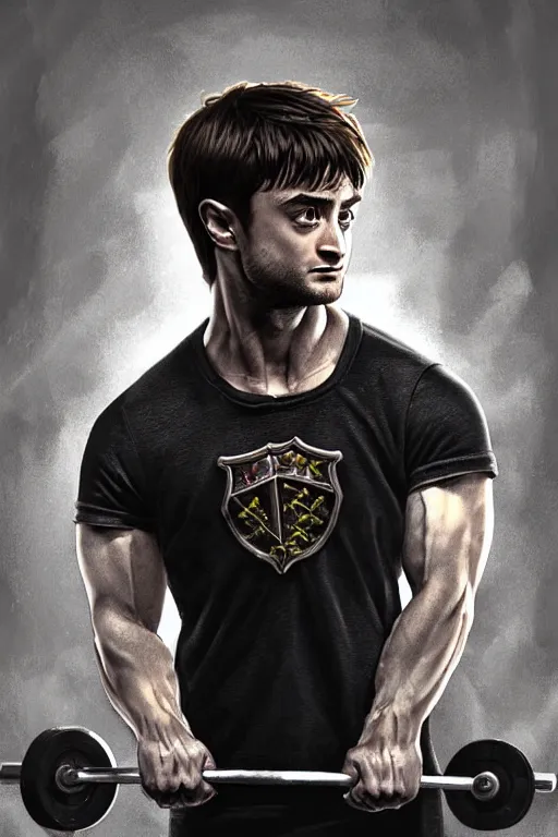 Image similar to highly detailed rendering of Daniel Radcliffe as Harry Potter doing barbell back squats, dingy workout gym, wearing a muscle tee shirt, muscular deep squats, symmetrical, highly detailed, digital painting, artstation, concept art, smooth, sharp focus, illustration, cinematic lighting, art by artgerm and greg rutkowski and alphonse mucha