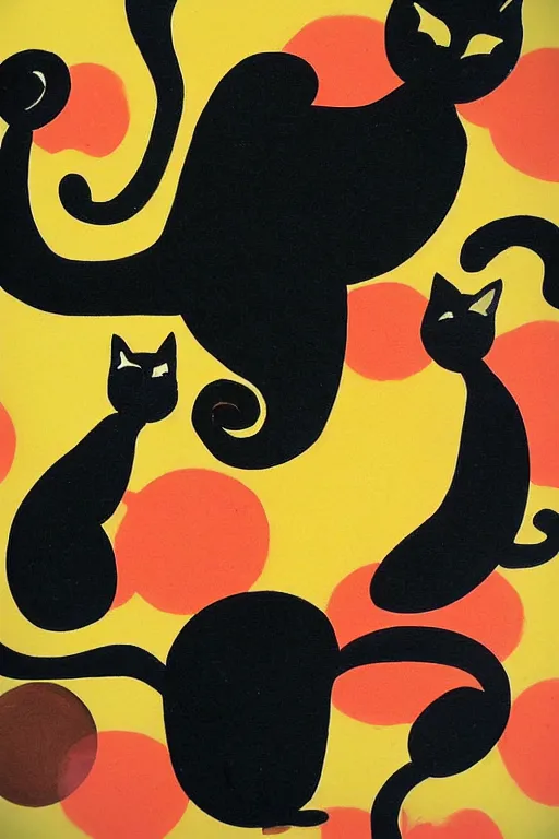 Prompt: mid century oil painted background modern black cat 5 0 s style colors