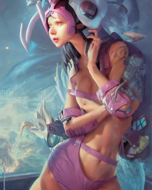 Prompt: beautiful fantasy character portrait, pokemon, wearing oversized puffy pink bomber jacket and black bikini, ultra realistic, wide angle, seductive pose, cyberpunk artifacts, highly detailed by peter mohrbacher, hajime sorayama, wayne barlowe, boris vallejo, aaron horkey, gaston bussiere, craig mullins