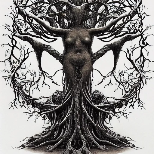 Prompt: a highly detailed tarot card tattoo outline of druid woman shaped like the tree of life with arms as branches and fingers for leaves, by roger dean and andrew ferez, art forms of nature by ernst haeckel, divine chaos engine, symbolist, visionary, art nouveau, organic fractal structures, surreality, detailed, realistic, ultrasharp