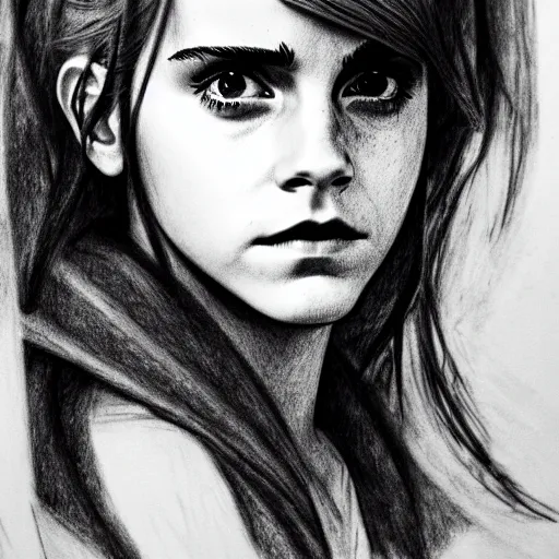 Image similar to emma watson in a demon slayer manga pencil, pencil and vine charcoal drawing, on medium grade paper, indian ink, variable lineart, grayscale, manga tones, detailed, set in hell, threatening an oompa loompa, hyper realistic, manga