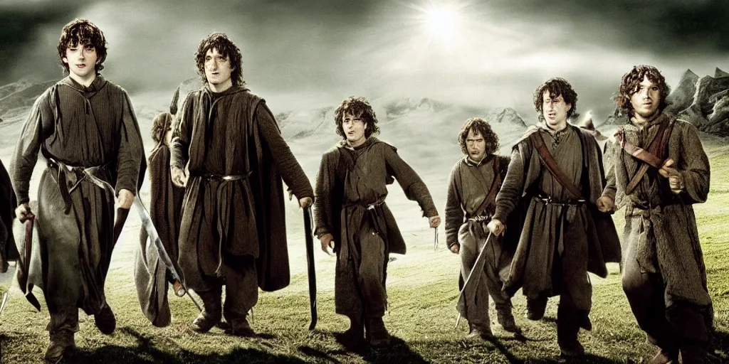 Image similar to the lord of the rings but frodo is the tallest among the fellowship promo shot from movie by peter jackson