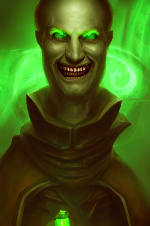 Prompt: necromancer smiling. green lighting. fantasy, digital painting, hd, detailed.