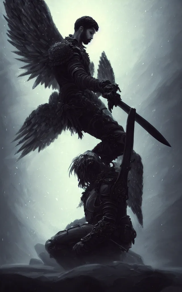 Image similar to dark blizzard art, portrait of fallen man angel kneeling with a sword and wings, bokeh. dark art masterpiece artstation. 8k, sharp high quality illustration in style of Jose Daniel Cabrera Pena and Leonid Kozienko, concept art by Tooth Wu