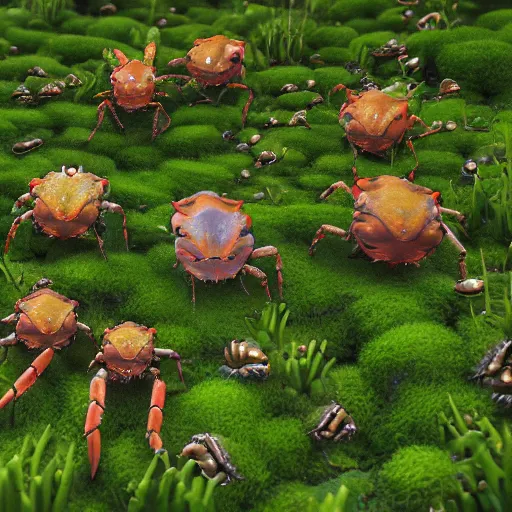 Prompt: voidless of the festival, large group of crabs and worms, crawling along a bed of moss, low poly, creeper world, handcrafted, artstation, hyperrealistic, hard light, best practices, creeptastic, photorealism, macro perspective, cuddly