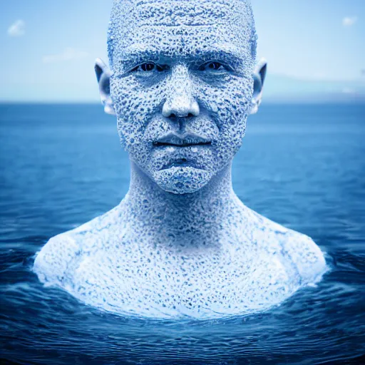 Image similar to a sculpture made of water in the shape of a human head, on the ocean water, water manipulation photoshop, behance, ray tracing, cinematic, in the style of johnson tsang, long shot, hyper detailed, hyper realistic, 8 k resolution, sharp focus, realistic water, award winning