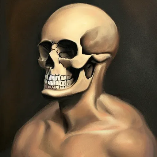 Image similar to a portrait painting of a man with a skull as his head, in the style of stephen gibb, 4 k,