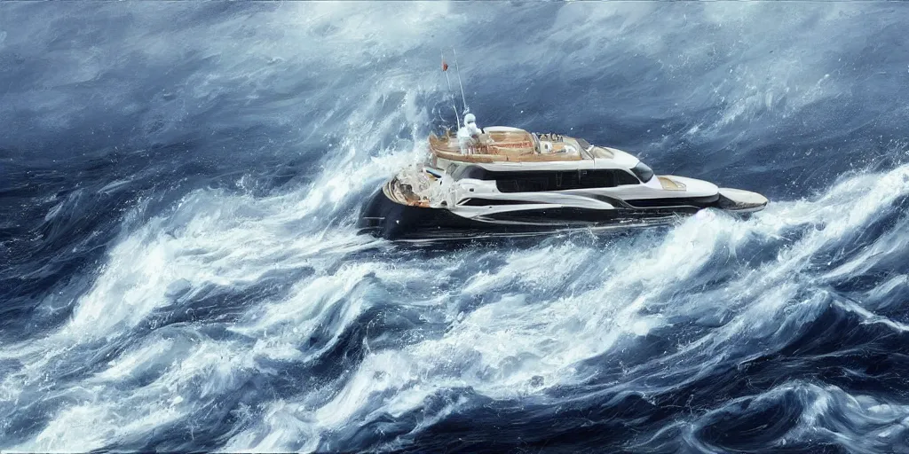 Prompt: motor yacht in a turbulent sea, 8 k, expressive, highly detailed, aiwasowski style,