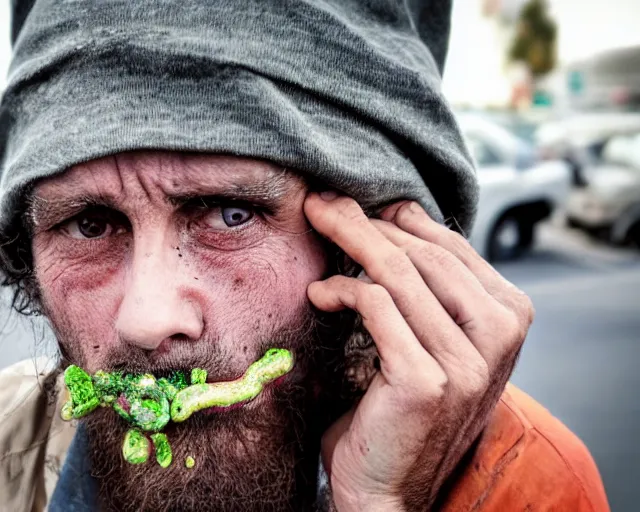 Prompt: a mouth full of bacteria. cursed image. realistic photograph. homeless man.