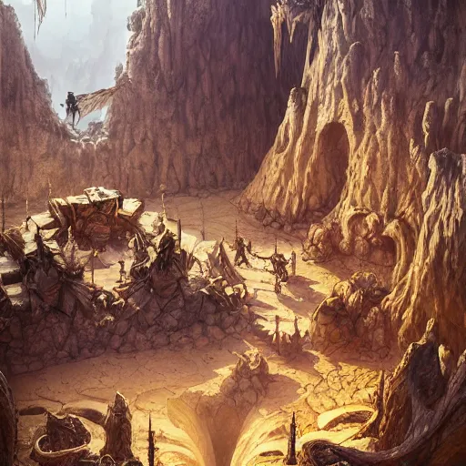 Image similar to dungeon map concept d & d cave, desert, vulcanic ground, monument, tribal hollows and build. hyper detailed, fantasy style art, highly detailed, digital painting, artstation, concept art, smooth, sharp focus, illustration, art by artgerm and greg rutkowski and alphonse mucha