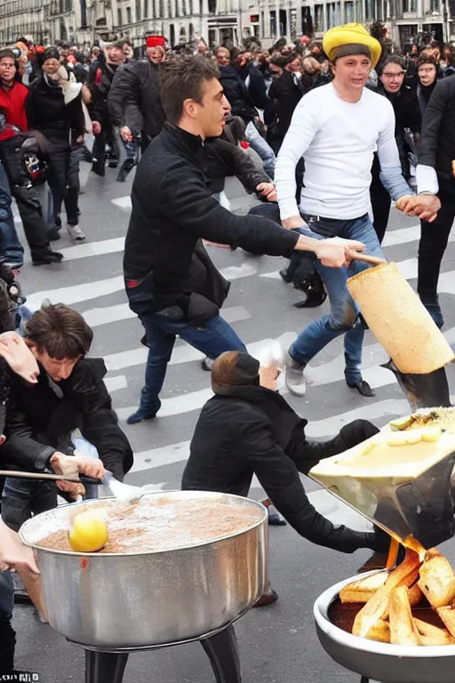 Image similar to the citizens of Paris start a riot and roll a giant fondue onto champs elysees