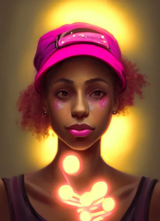 Image similar to portrait of teenage vanessa morgan with bright pink hair, black girl, vanessa morgan, curly pixie cut hair, wearing newsboy cap, newsboy cap, hoop earrings, intricate, elegant, glowing lights, highly detailed, digital painting, artstation, concept art, smooth, sharp focus, illustration, art by wlop, mars ravelo and greg rutkowski