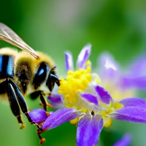 Image similar to a happy bee looking straight into the camera, macro photography, ambient light, perfect focus