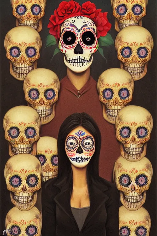 Image similar to illustration of a sugar skull day of the dead girl, art by george tooker