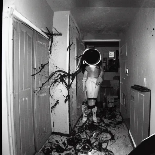 Image similar to 1 9 9 3, disposable camera, flash, old house, creature, meat, ooze, slime, veins, pov