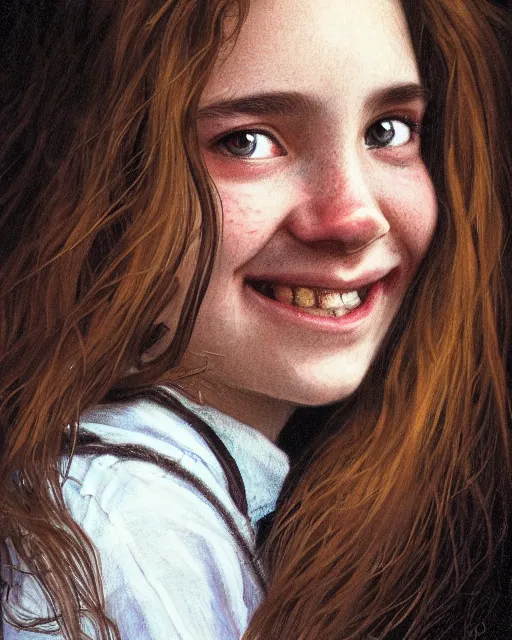 Image similar to close up portrait of 1 5 - year - old girl, smile with large front teeth, hermione granger, very bushy brown hair, and very bright brown eyes, wearing white shirt, hyper realistic face, beautiful eyes, close up, fantasy art, in the style of greg rutkowski, intricate, alphonse mucha, hyper detailed, smooth