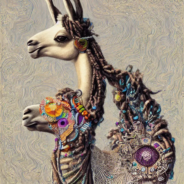 Image similar to llama with dreadlocks, art deco design, by Mandy Jurgens, Ernst Haeckel, James Jean