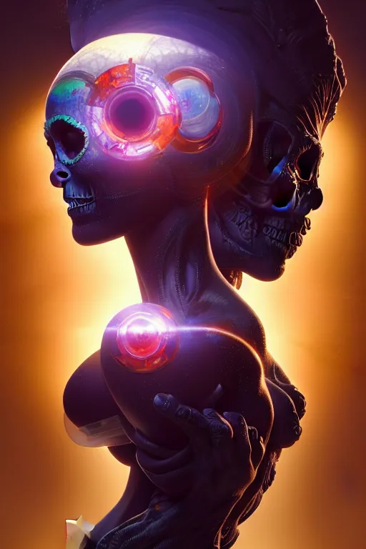 Image similar to the creation of adam, ultra detailed female android deity, scifi, octane render, ( dia de los muertos ), matte painting, asymmetrical, intricate concept art, triadic color scheme, art by artgerm and michelangelo and dzo and greg rutkowski and alphonse mucha and wlop