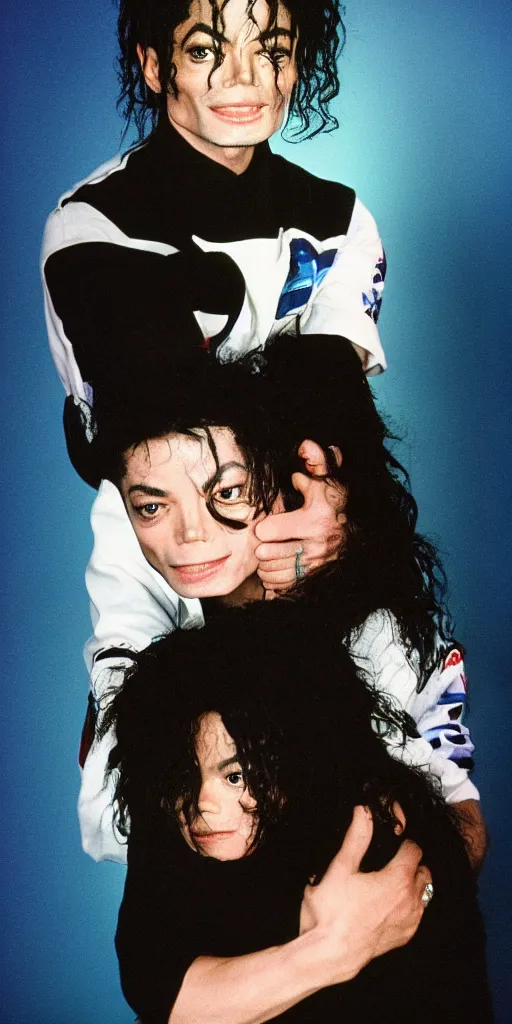 Image similar to michael jackson hugging an alien, in focus, blured background, boceh, high detail, sharp, film photography, direct flash, kodak portra 4 0 0,