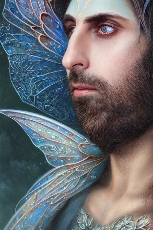 Image similar to closeup portrait shot of jason schwartzman as king oberon, fairy wings, lord of beasts, highly detailed, digital painting, artstation, concept art, soft focus, depth of field, artgerm, tomasz alen kopera, peter mohrbacher, donato giancola, wlop, boris vallejo