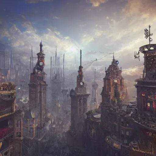 Image similar to a steampunk city in the clouds, This 4K HD image is Trending on Artstation, featured on Behance, well-rendered, extra crisp, features intricate detail and the style of Unreal Engine.